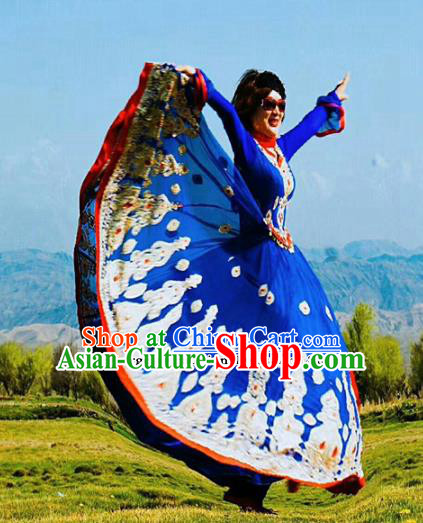 Chinese Ethnic Folk Dance Deep Blue Dress Traditional National Uyghur Nationality Costumes for Women