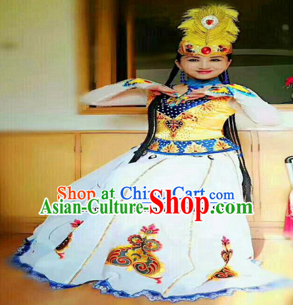 Chinese Ethnic Folk Dance Embroidered White Dress Traditional National Uyghur Nationality Costumes for Women