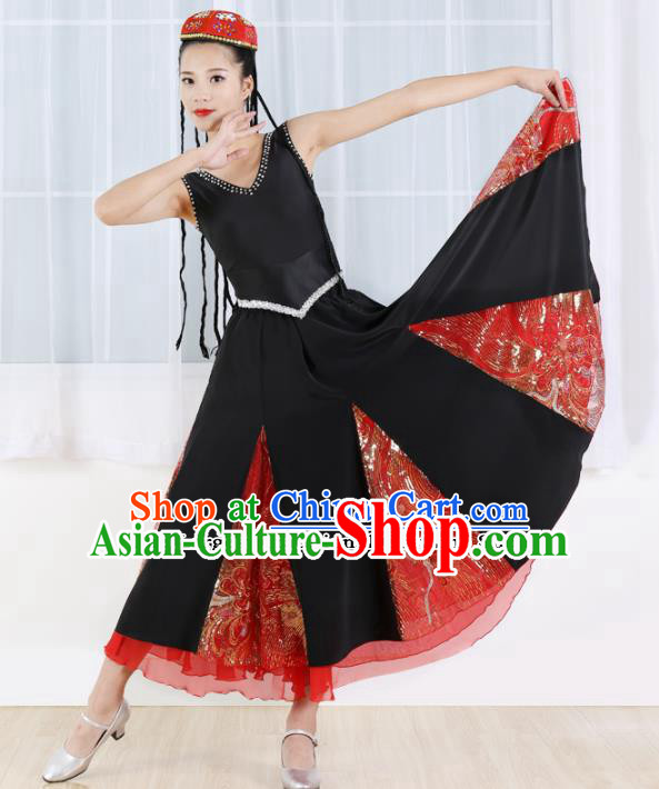 Chinese Ethnic Minority Black Dress Traditional Uyghur Nationality Folk Dance Costume for Women