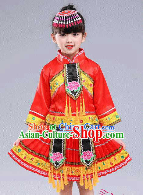 Chinese Traditional Miao Nationality Folk Dance Red Pleated Skirt Ethnic Dance Embroidered Costumes for Kids