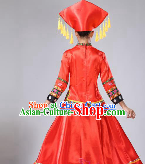 Chinese Ethnic Minority Red Embroidered Dress Traditional Zhuang Nationality Folk Dance Costumes for Women