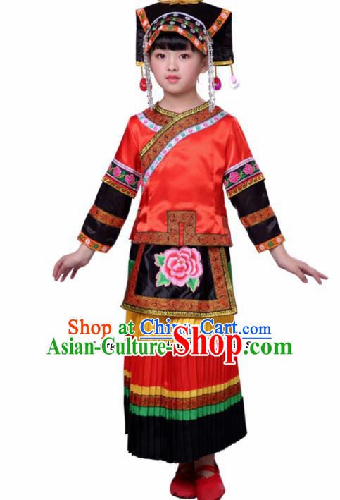 Chinese Traditional Yi Nationality Folk Dance Red Dress Ethnic Dance Costumes for Kids
