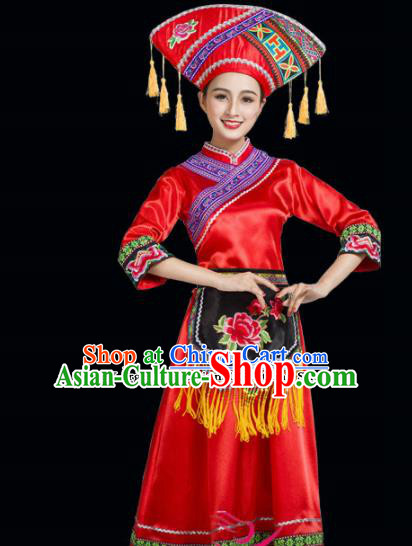 Chinese Yi Ethnic Minority Red Embroidered Dress Traditional Zhuang Nationality Folk Dance Costumes for Women