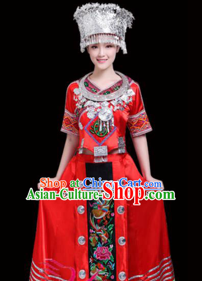 Chinese Miao Ethnic Minority Red Embroidered Dress Traditional Nationality Folk Dance Costumes for Women