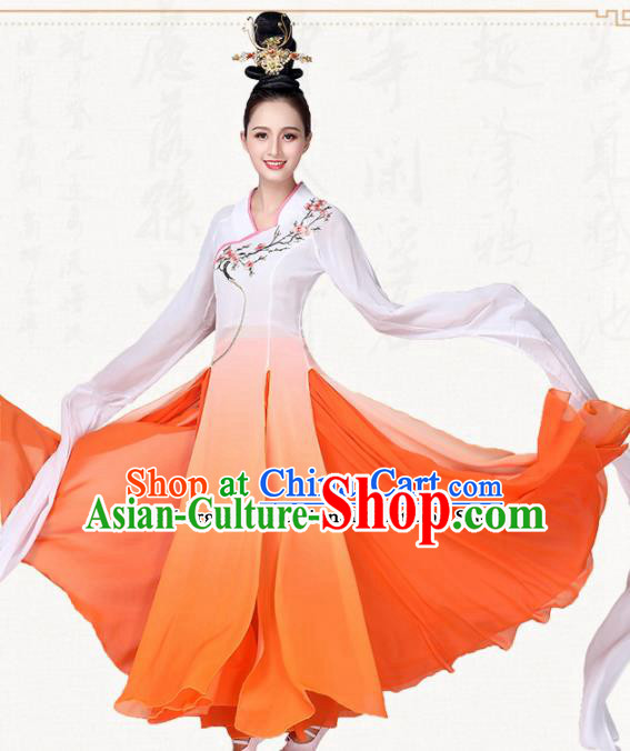 Chinese Traditional Classical Dance Orange Dress Fan Dance Group Dance Costumes for Women