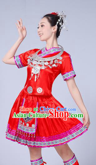 Chinese Ethnic Minority Red Short Dress Traditional Yi Nationality Folk Dance Costumes for Women