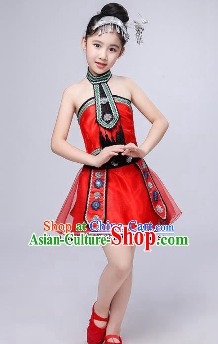 Chinese Traditional Dong Minority Folk Dance Clothing Ethnic Dance Red Dress for Kids