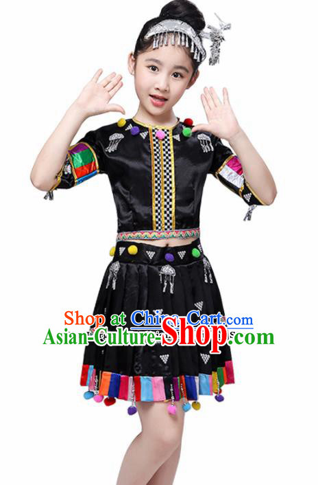 Chinese Traditional Dong Minority Folk Dance Clothing Ethnic Dance Black Dress for Kids