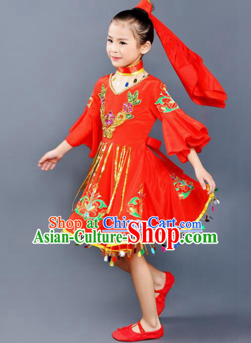 Chinese Traditional Uyghur Minority Folk Dance Clothing Ethnic Dance Red Dress for Kids