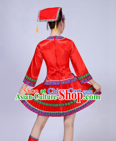 Chinese Yi Ethnic Minority Embroidered Red Dress Traditional Nationality Folk Dance Costumes for Women