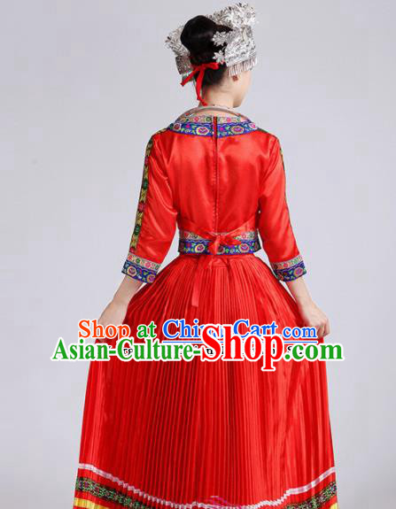 Chinese Miao Ethnic Minority Embroidered Red Dress Traditional Hmong Nationality Folk Dance Costumes for Women