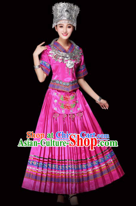 Chinese Miao Ethnic Minority Embroidered Pink Dress Traditional Hmong Nationality Folk Dance Costumes for Women