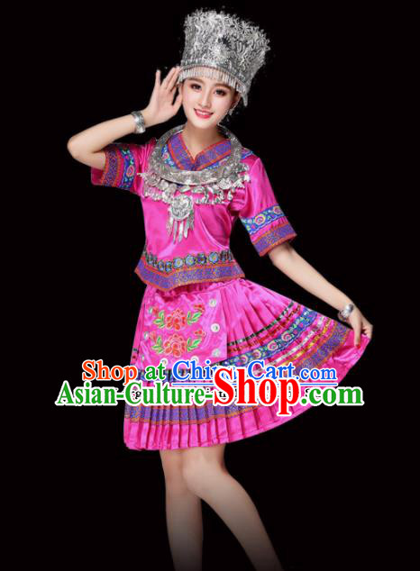 Chinese Miao Ethnic Minority Embroidered Rosy Short Dress Traditional Hmong Nationality Folk Dance Costumes for Women