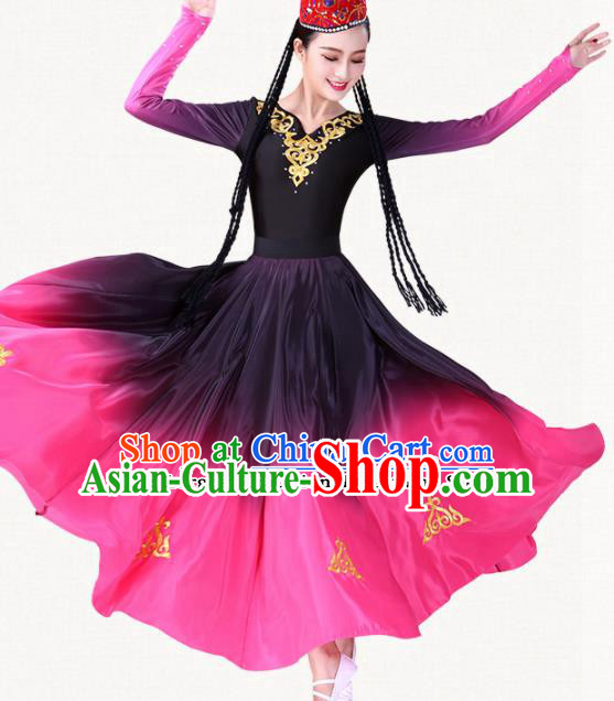 Chinese Traditional Uyghur Minority Pink Dress Uigurian Ethnic Folk Dance Costumes for Women
