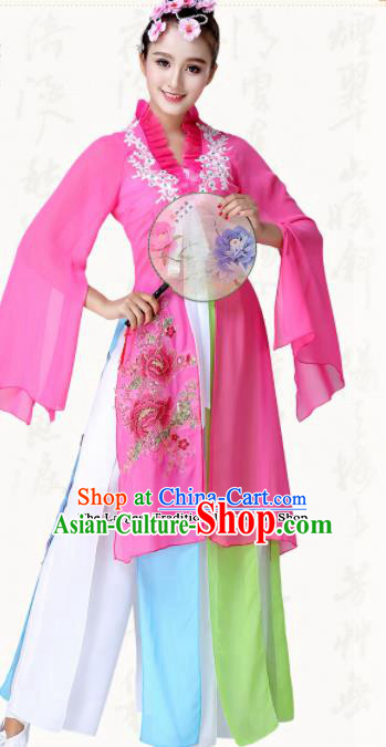 Chinese Traditional Classical Dance Fan Dance Rosy Dress Group Dance Costumes for Women