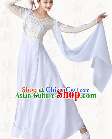 Chinese Traditional Classical Dance Umbrella Dance White Dress Group Dance Costumes for Women