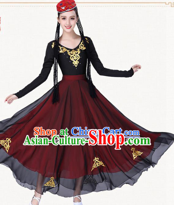 Chinese Traditional Uyghur Nationality Red Dress Uigurian Ethnic Folk Dance Costumes for Women