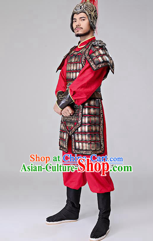 Traditional Chinese Han Dynasty General Costumes Ancient Drama Warrior Helmet and Body Armour for Men