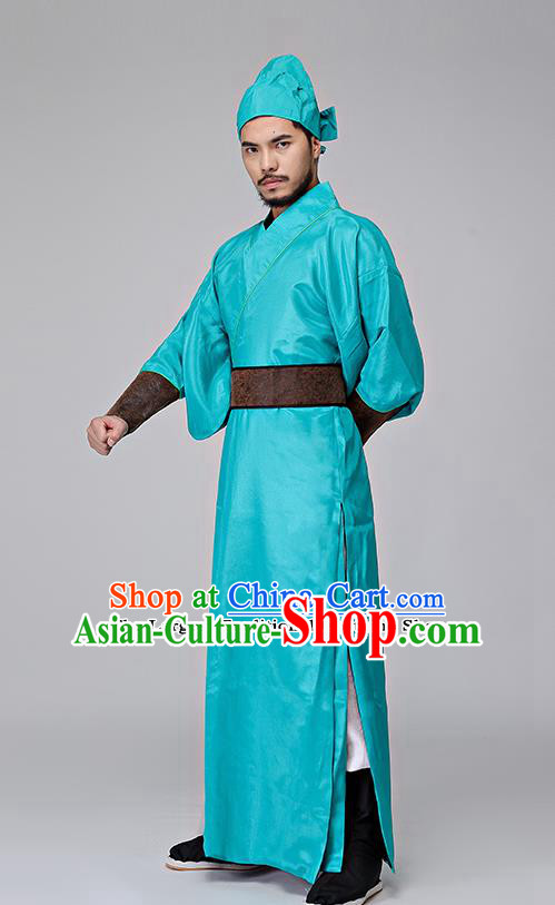 Traditional Chinese Three Kingdoms Period Swordsman Blue Costumes Ancient Drama Knight Clothing for Men