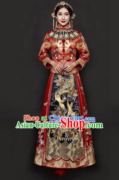 Traditional Chinese Embroidered Xiuhe Suit Red Wedding Dress Ancient Bride Costumes for Women