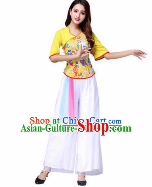 Traditional Chinese Folk Dance Yangko Costumes Fan Dance Group Dance Yellow Clothing for Women