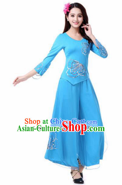 Traditional Chinese Folk Dance Costumes Fan Dance Yanko Dance Blue Dress for Women