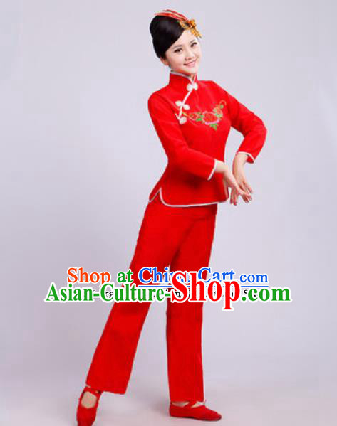 Traditional Chinese Folk Dance Fan Dance Costumes Yanko Dance Group Dance Red Clothing for Women