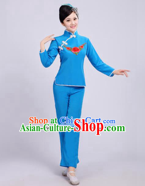 Traditional Chinese Folk Dance Fan Dance Costumes Yanko Dance Group Dance Blue Clothing for Women