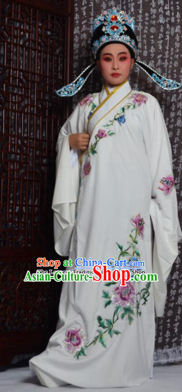 Professional Chinese Peking Opera Niche Costumes Embroidered Peony White Robe for Adults