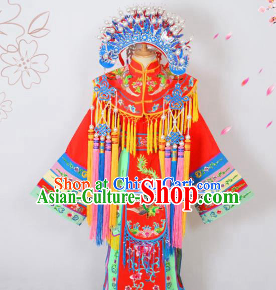 Chinese Ancient Imperial Concubine Embroidered Red Dress Traditional Peking Opera Actress Costumes and Headwear for Adults