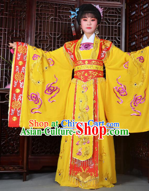 Traditional Chinese Peking Opera Empress Embroidered Costumes Ancient Queen Yellow Dress for Adults