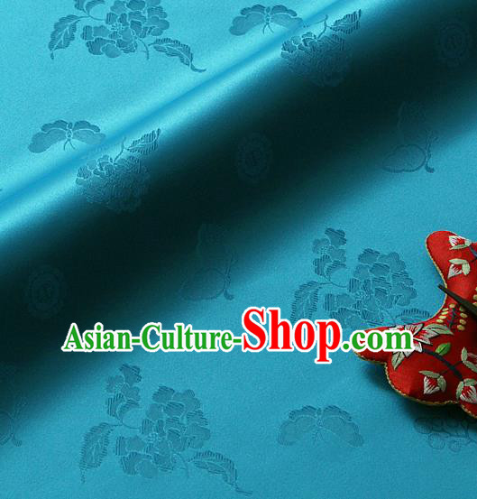 Traditional Asian Classical Peony Butterfly Pattern Blue Brocade Cloth Drapery Korean Hanbok Palace Satin Silk Fabric