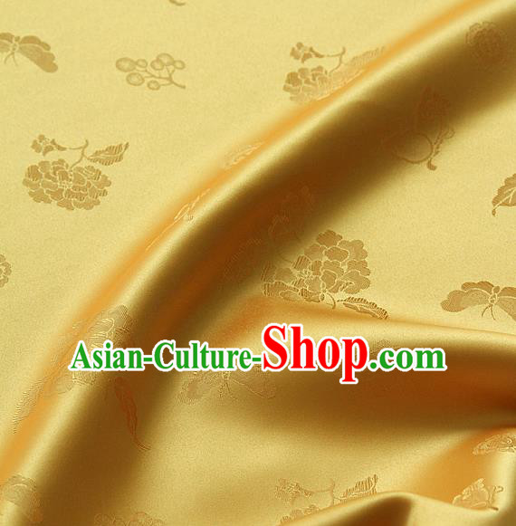 Traditional Asian Classical Peony Butterfly Pattern Yellow Brocade Cloth Drapery Korean Hanbok Palace Satin Silk Fabric