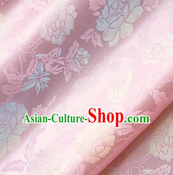 Traditional Asian Classical Peony Pattern Pink Brocade Cloth Drapery Korean Hanbok Palace Satin Silk Fabric