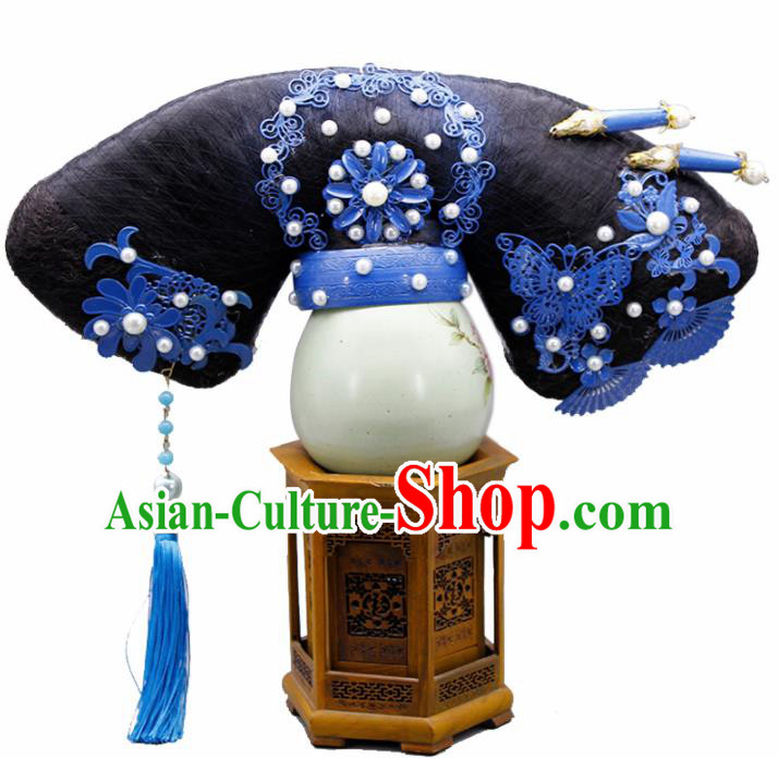 Chinese Traditional Qing Dynasty Hair Accessories Ancient Manchu Queen Wigs and Hairpins for Women