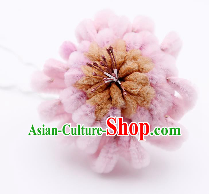 Chinese Traditional Hair Accessories Ancient Princess Pink Velver Chrysanthemum Hairpins for Women