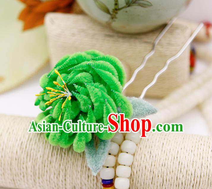 Chinese Traditional Hair Accessories Ancient Princess Green Velver Chrysanthemum Hairpins for Women