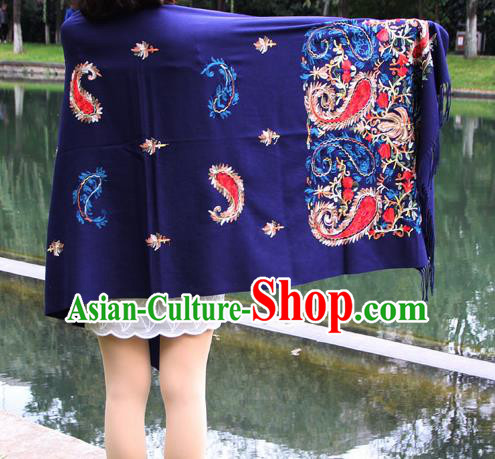 Chinese Traditional Embroidered Scarf Yunnan National Blue Wool Cloak for Women