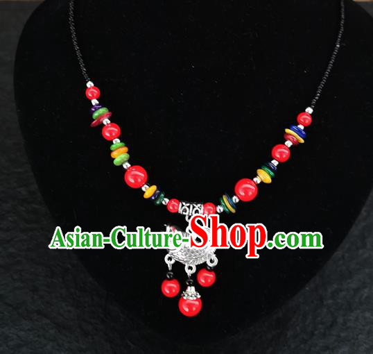 Chinese Traditional Jewelry Accessories Yunnan National Fish Pendant Red Beads Flagon Necklace for Women