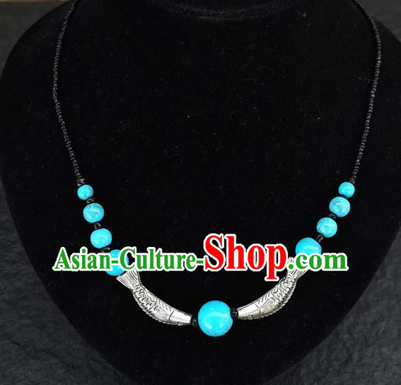 Chinese Traditional Jewelry Accessories Yunnan Minority Fish Blue Beads Necklace for Women