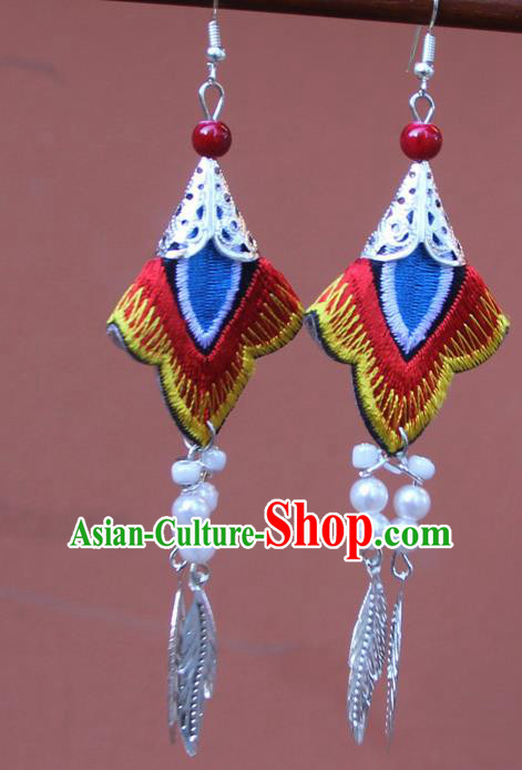 Chinese Traditional Embroidered Red Earrings Yunnan National Tassel Eardrop for Women