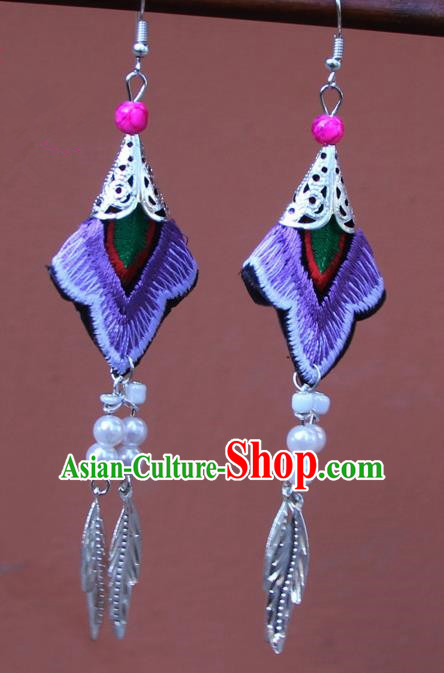 Chinese Traditional Embroidered Purple Earrings Yunnan National Tassel Eardrop for Women