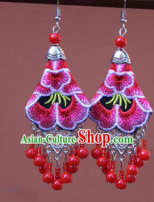 Chinese Traditional Embroidered Pink Peony Earrings Yunnan National Tassel Eardrop for Women