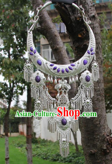 Chinese Traditional Jewelry Accessories Yunnan Miao Minority Sliver Purple Necklace for Women