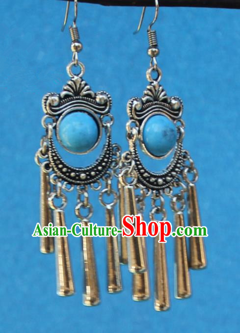 Chinese Traditional Sliver Blue Earrings Yunnan National Minority Tassel Eardrop for Women