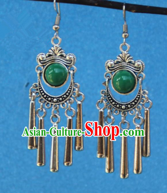 Chinese Traditional Sliver Green Earrings Yunnan National Minority Tassel Eardrop for Women