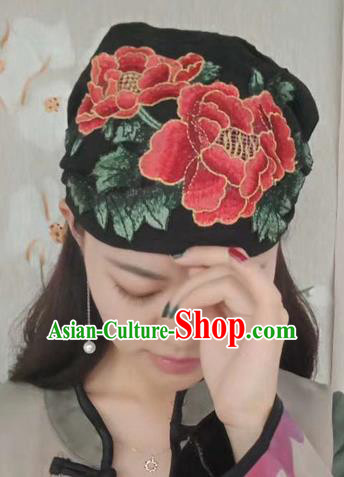 Chinese Traditional Embroidered Red Peony Headscarf Yunnan Dai Minority Hat for Women