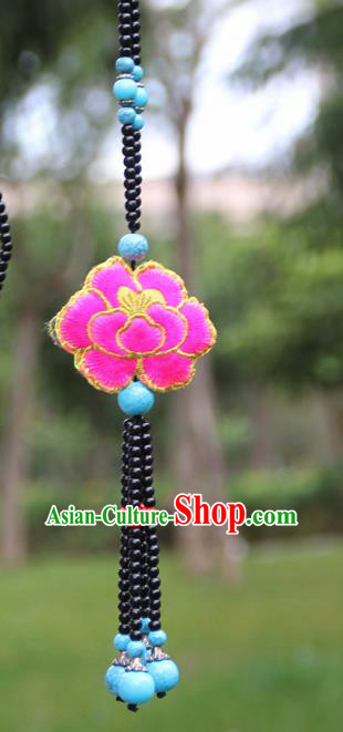 Chinese Traditional Jewelry Accessories Yunnan Minority Embroidered Pink Peony Tassel Necklace for Women