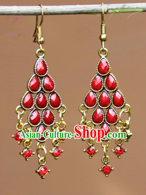 Chinese Traditional Red Crystal Earrings Yunnan National Minority Ear Accessories for Women