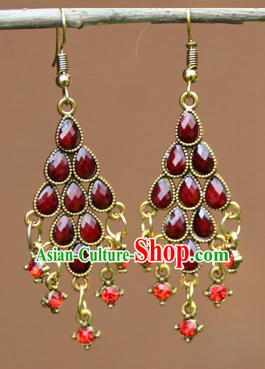 Chinese Traditional Wine Red Crystal Earrings Yunnan National Minority Ear Accessories for Women